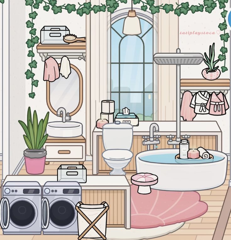 the bathroom is decorated in pastel colors and has plants growing on the window sill