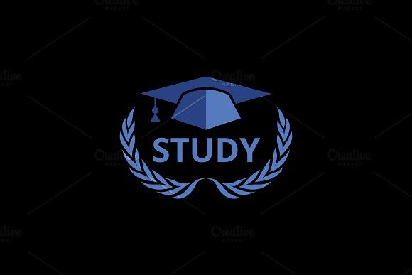 the study logo on a black background with a blue graduation cap and laurel around it