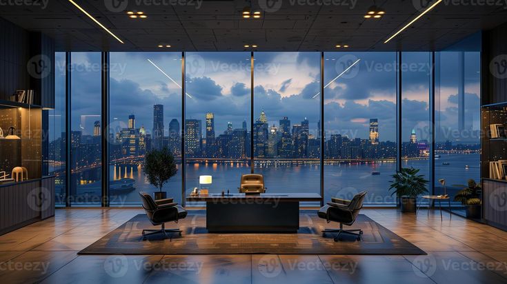 a living room filled with furniture and large windows overlooking the city at night in front of it