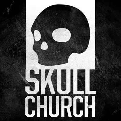 the skull church logo is shown in black and white, with an image of a skull on