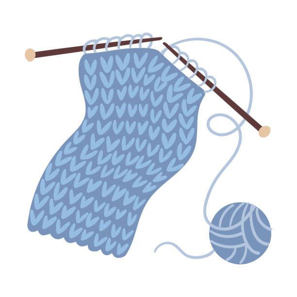 a knitting needle and ball of yarn on a white background with an illustration of a blue knitted sock