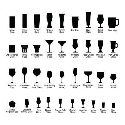 the different types of wine glasses in black and white