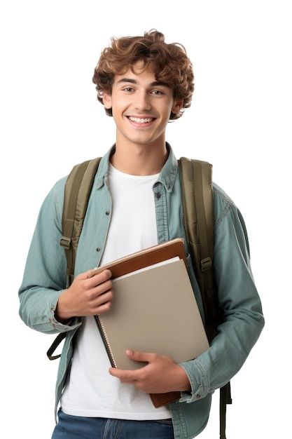 a young man holding a binder and smiling at the camera while wearing a backpack