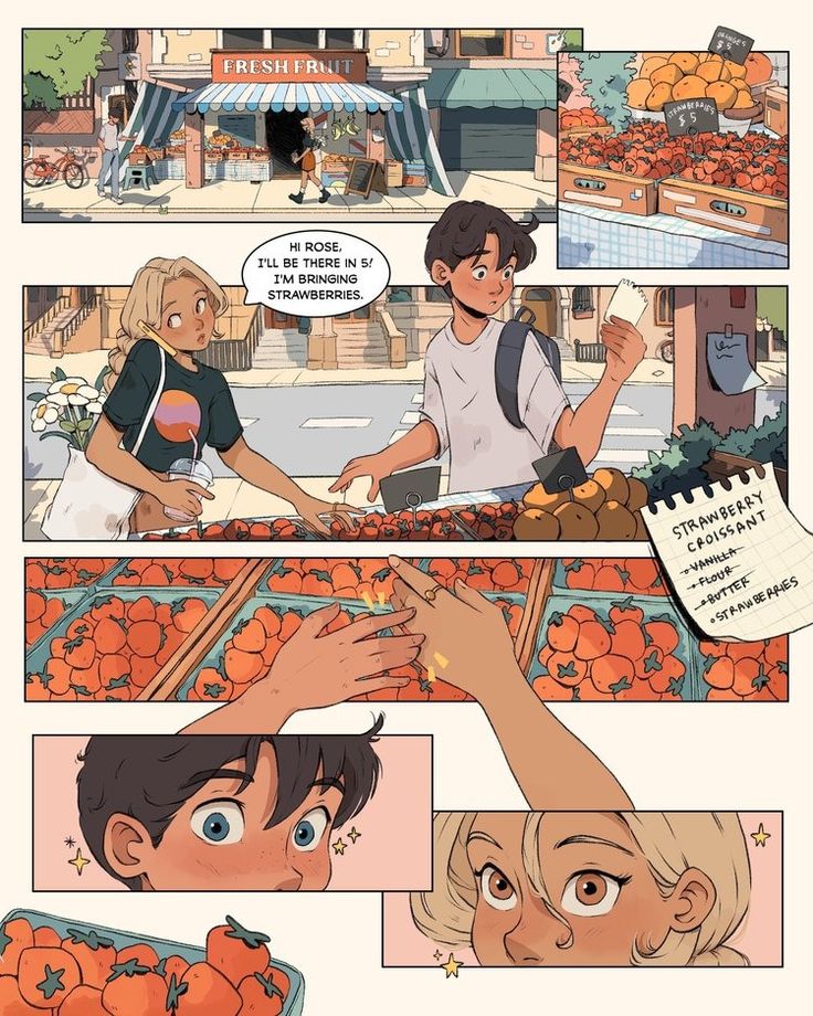 a comic strip with an image of two people in front of oranges and one person holding