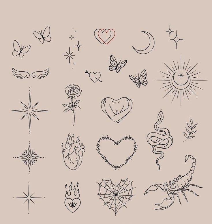 a collection of different tattoo designs on a light gray background with stars, hearts, and sunbursts