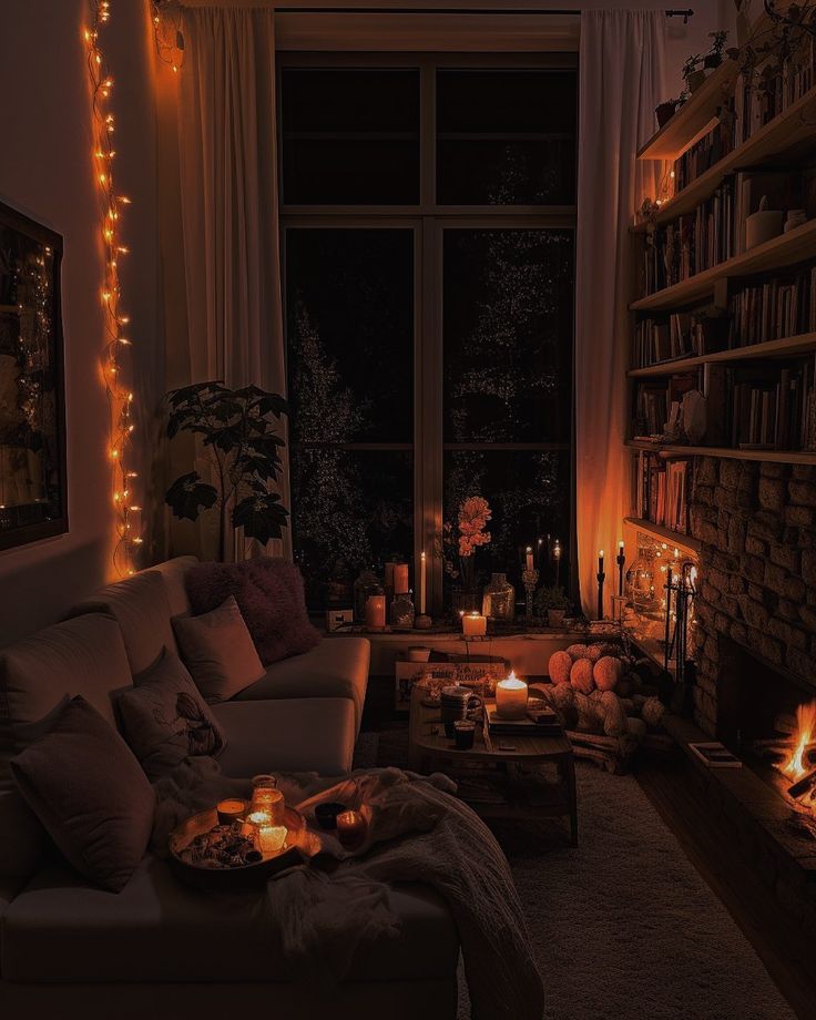 a living room filled with furniture and lots of candles