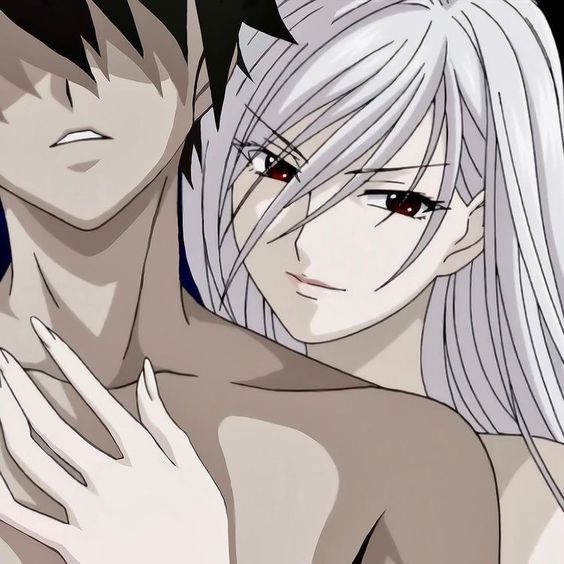 two anime characters one is naked and the other has white hair, both are looking at something