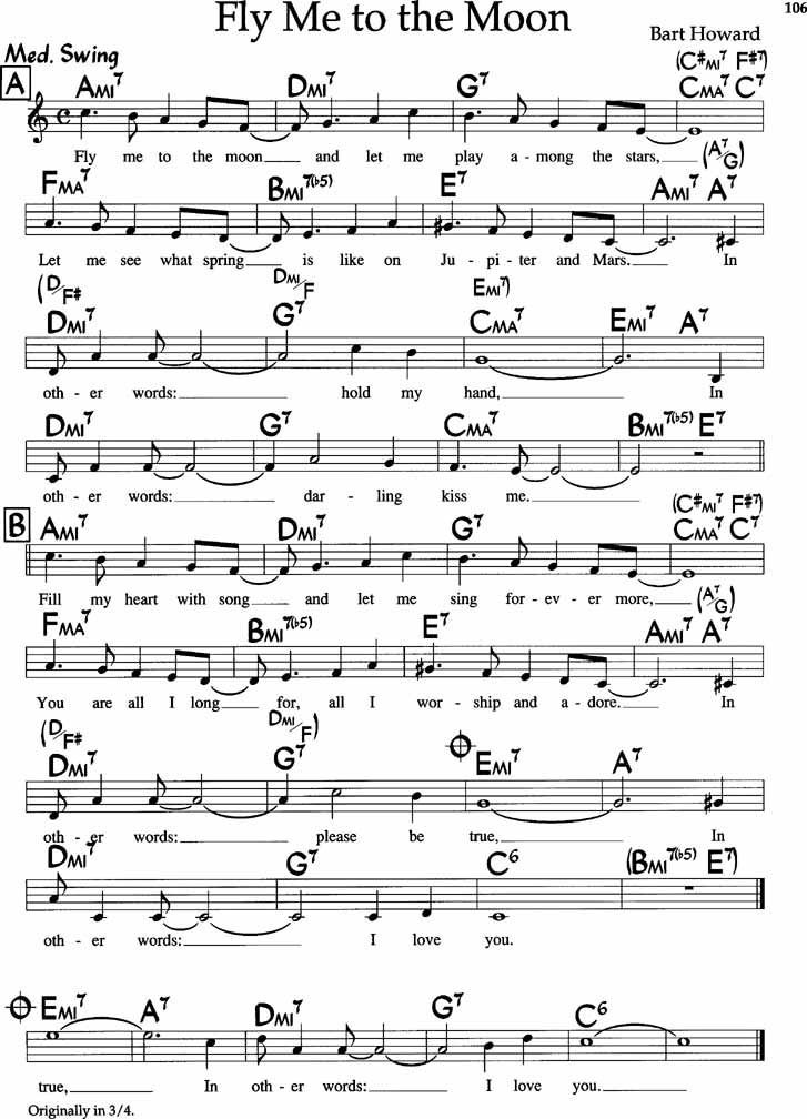 sheet music with the words fly me to the moon