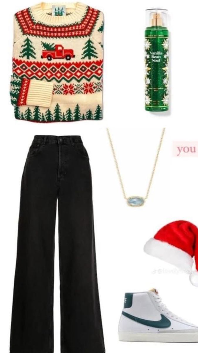 Christmas Hat Outfit, Outfit For Christmas Party In School, Christmas Vibe Outfit, Christmas Outfit Layout, Christmas Outfit Preppy, Christmas Sweater Outfit Ideas For Women, Cristmass Aesthetic Outfit, Christmas Preppy Outfits, Christmas Aesthetic Clothes