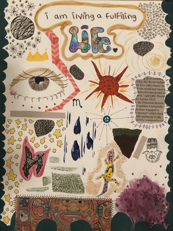 an art work with words and pictures on the paper, including eyeballs, stars, clouds