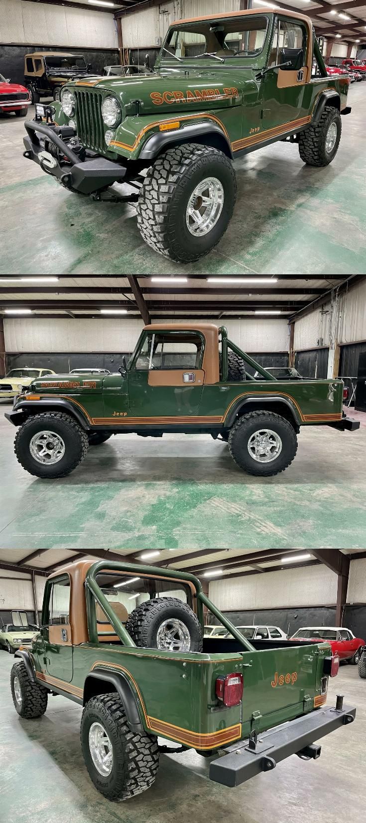 four different pictures of jeeps in the garage