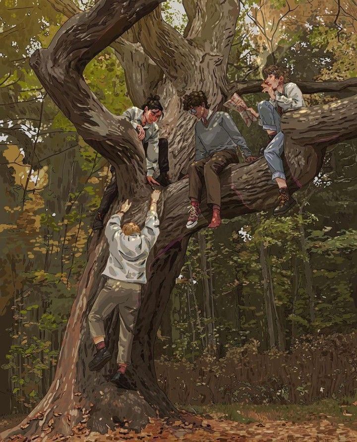 three boys climbing up a tree in the woods