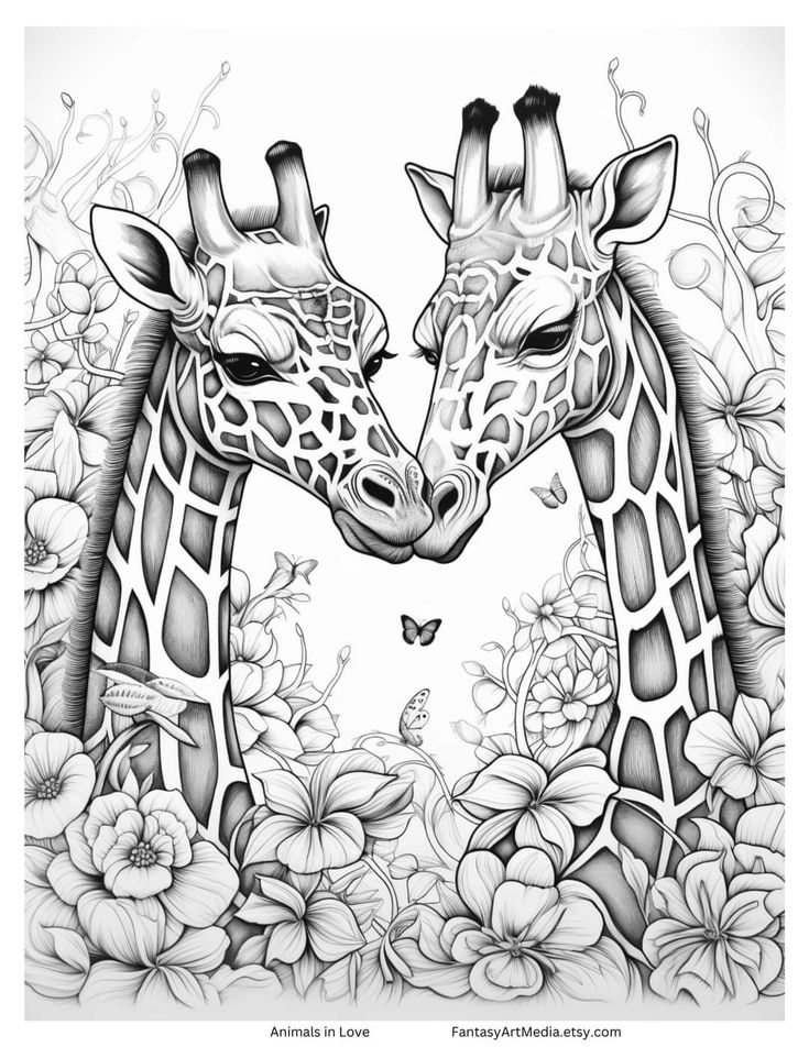 two giraffes are standing next to each other with flowers on the background