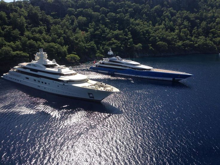 two large boats in the water near some trees