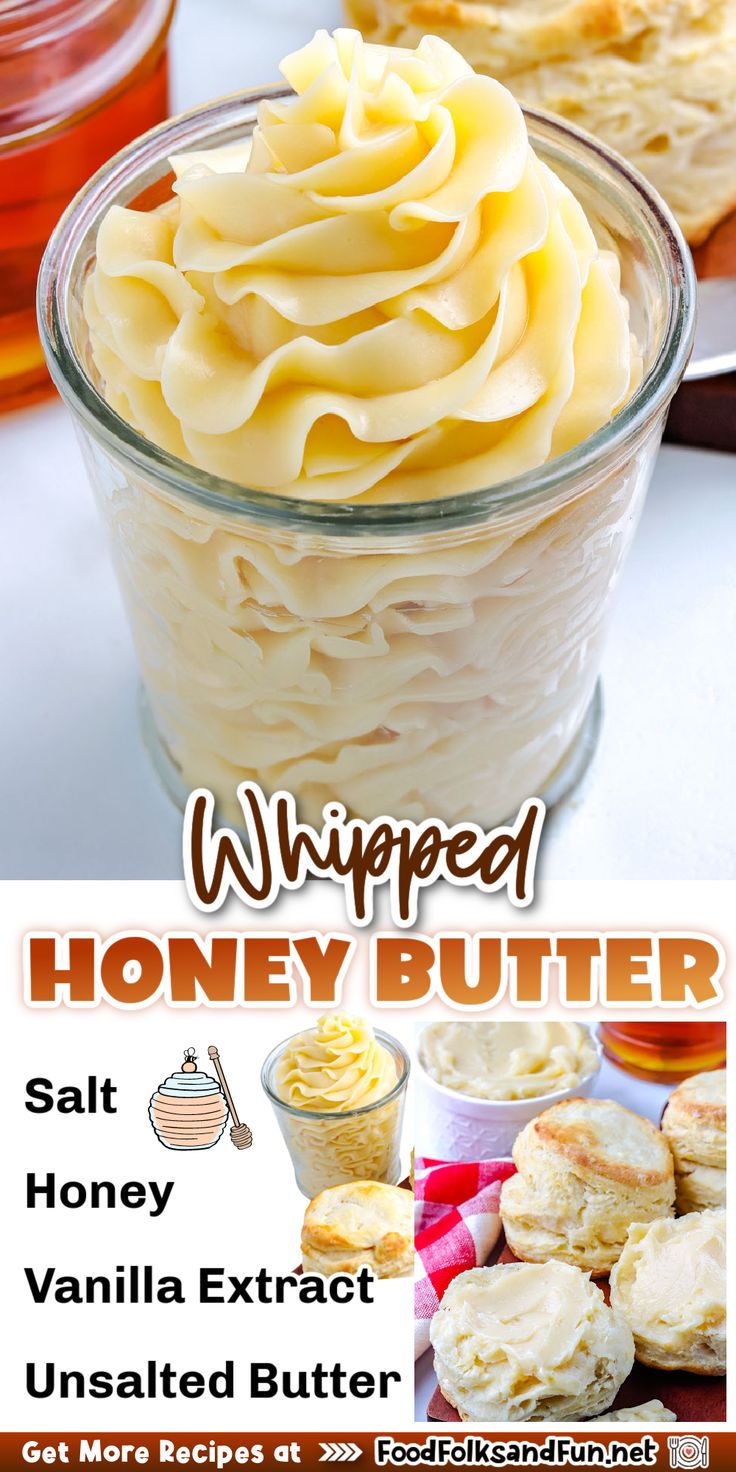 the recipe for whipped honey butter is in a glass bowl and it's ready to be eaten