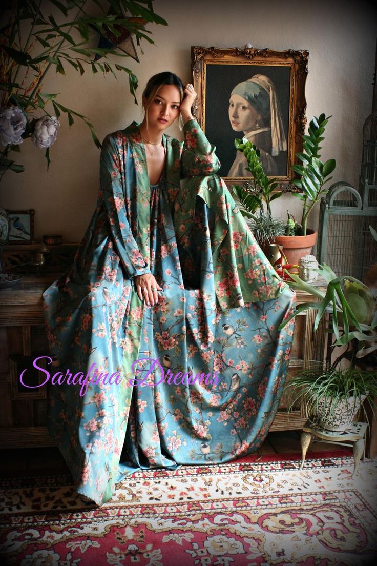 Satin Wrap Robe Bird Print Kimono Bohemian Chic Satin Lingerie | Etsy Bohemian Silk Kimono For Wedding, Blue Bohemian Kimono For Wedding, Bohemian Blue Kimono For Wedding, Long Satin Nightgown And Robe, Blue Silk Kimono For Wedding, Bohemian Wedding Robe With Kimono Sleeves, Blue Silk Wedding Kimono, Green Silk Nightgown, Honeymoon Sleepwear