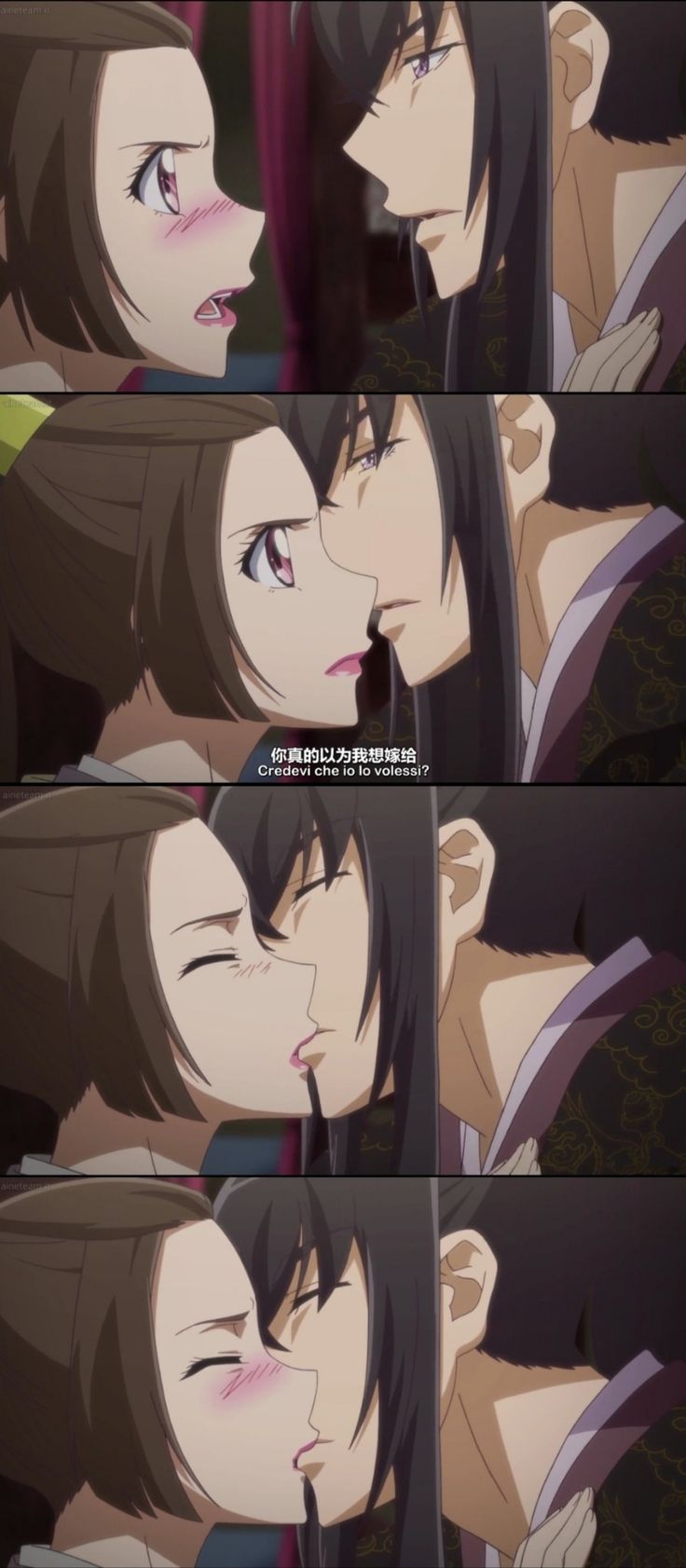 two anime characters kissing each other in front of a screen with the caption that reads,