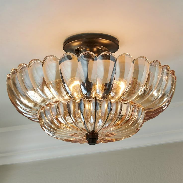 a chandelier hanging from the ceiling with clear glass petals on it's sides