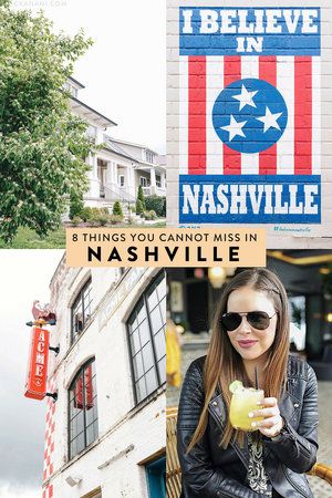 a woman holding an apple standing in front of a building with the words i believe in nashville on it