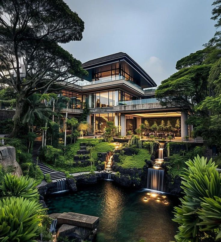 the house is surrounded by lush green trees and water features a waterfall that flows into the pool