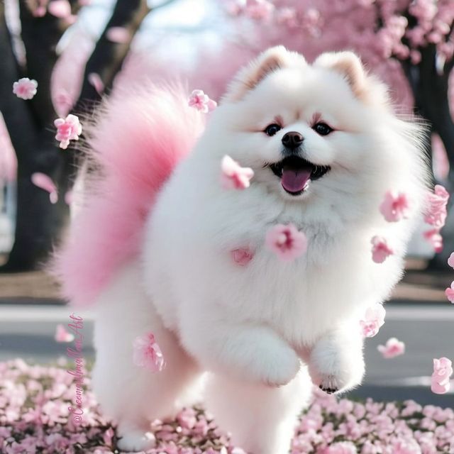 a small white dog with pink fur running through the air in front of cherry blossom trees