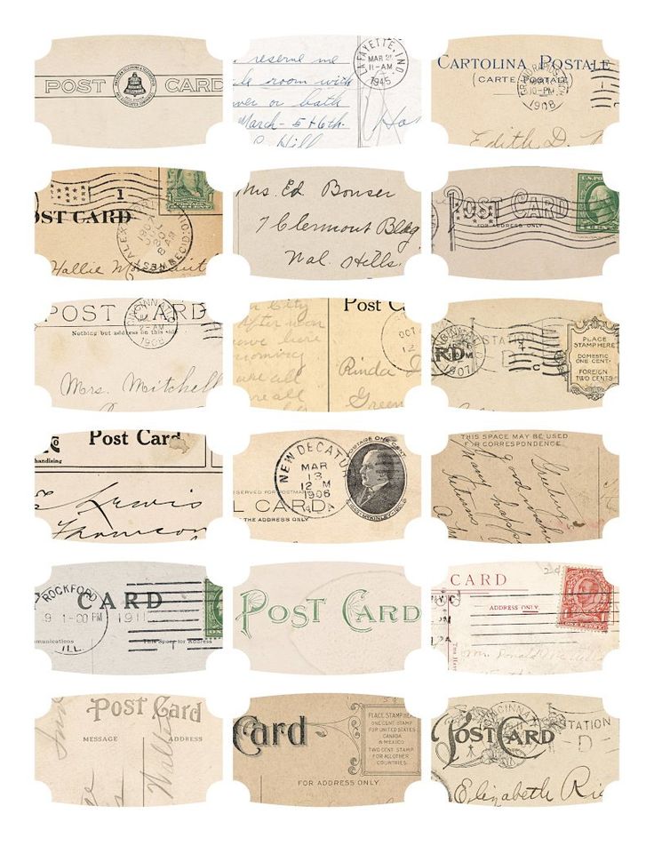 some old post cards are lined up on top of each other with different letters and numbers