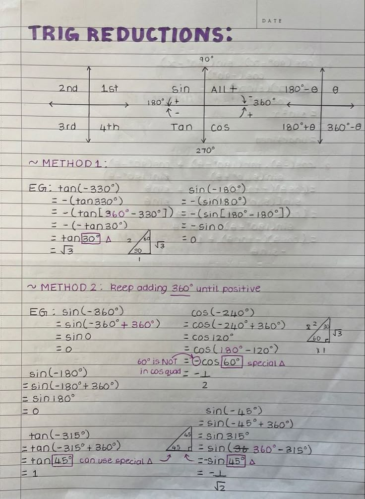 a piece of paper with writing on it that says, trig reductions