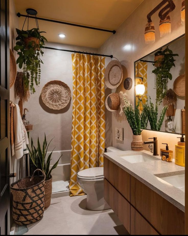 a bathroom with yellow and white decor in it