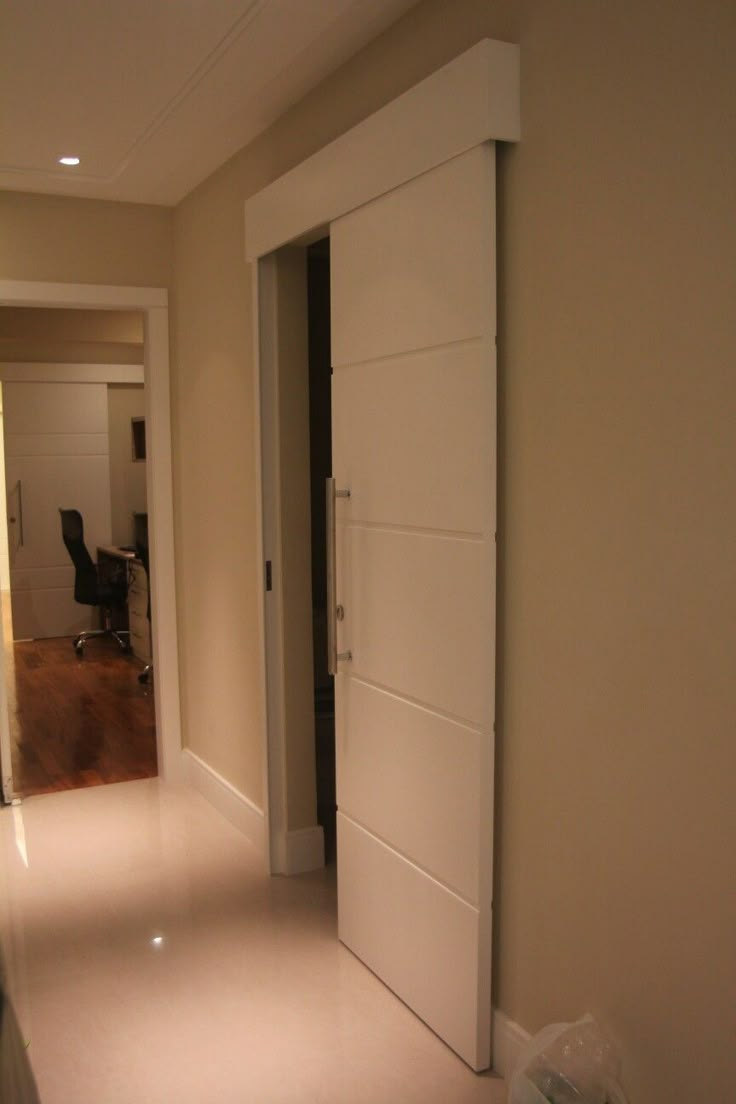 an empty room with white walls and doors