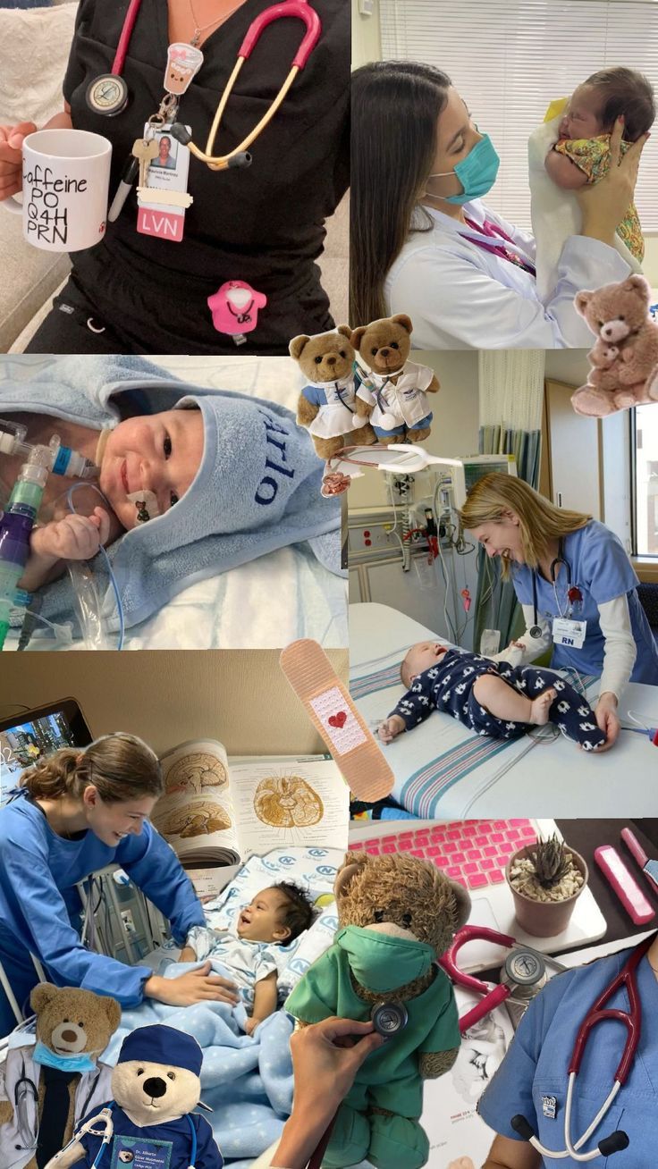 a collage of photos with people in hospital gowns, teddy bears and nurses