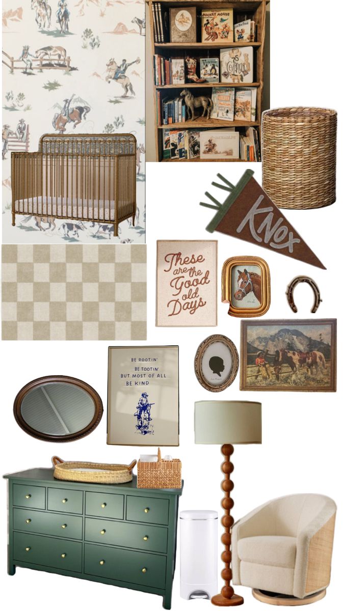 a baby's nursery with lots of furniture and decor on it, including a crib