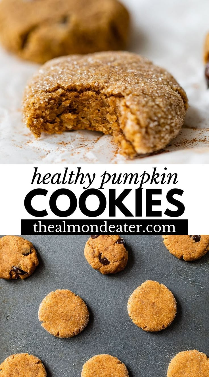 healthy pumpkin cookies on a baking sheet with one bite taken out and the other half eaten