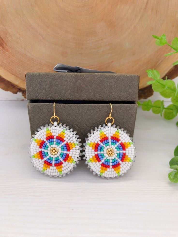 a pair of colorful beaded earrings sitting on top of a wooden box next to a plant