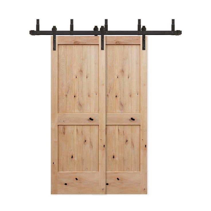 an open wooden door with black metal bars on the top and bottom, against a white background