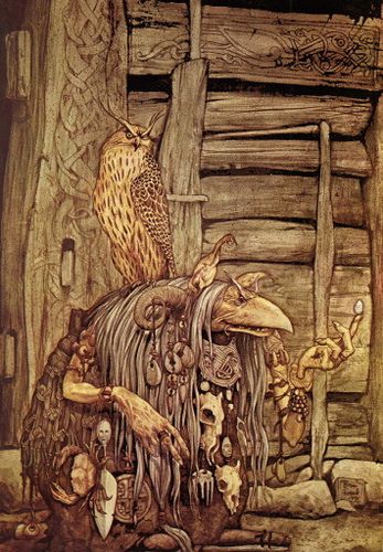 a painting of an owl sitting on top of a pile of wood and other items