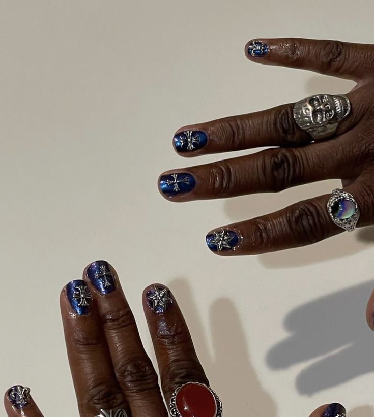 Blue Painted Nails Short, Concert Nails Short, Short Nail Designs Maximalist, Blue Nails Men, Short Funky Nail Ideas, Nail Designs For Really Short Nails, Maximalist Short Nails, Short Nail Designs Men, Short Nails Men