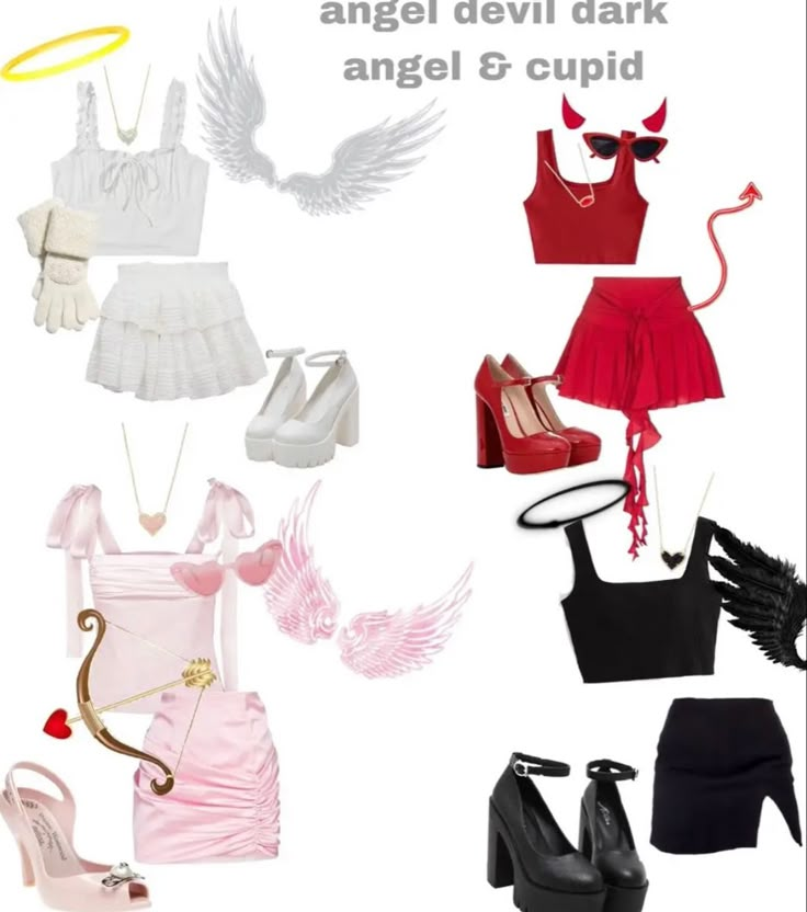 several different types of clothes and shoes with angel wings on the top one is red, white, and black