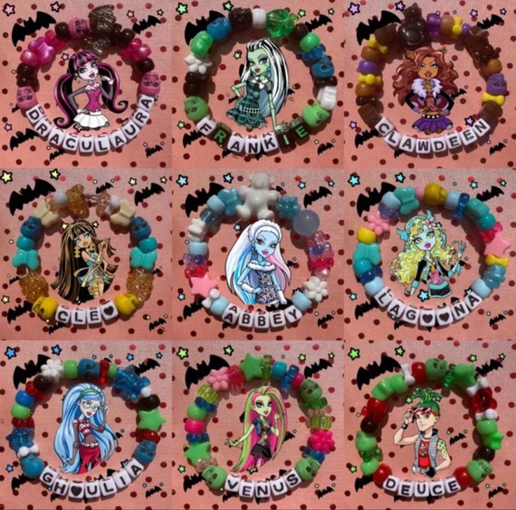 several different bracelets with cartoon characters on them