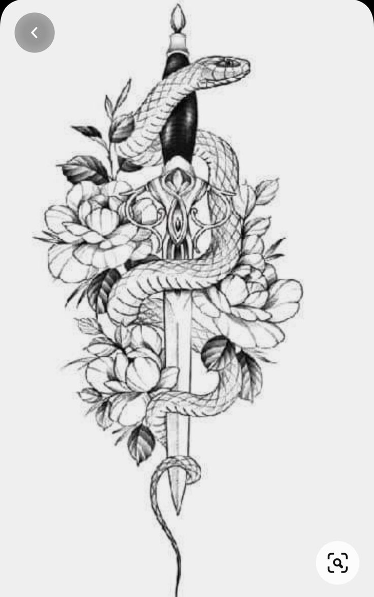 a drawing of a snake and dagger with roses on the side, in black and white