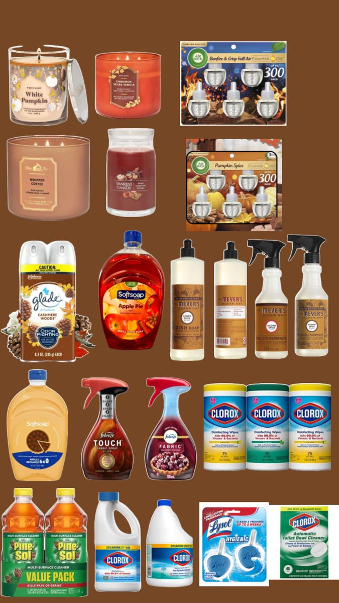 many different types of cleaning products are arranged on a brown background, including soaps and hand sanitizers