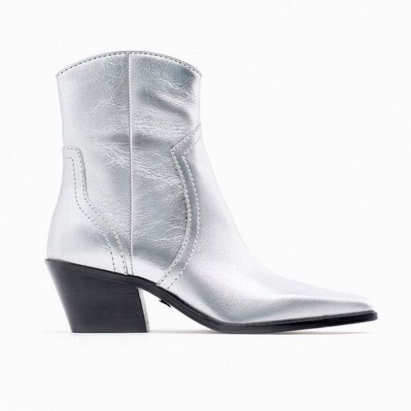 Nwt. Zara Metallic Silver Cowboy-Style Leather Ankle Boots. Metallic Effect Finish. Zip Closure. Square Toe Finish. Heel Height: 5.5 Cm/2,5". Size 8, 9. Ref.1122/110. Spring Ankle Boots With Padded Ankle, Spring Boots With Padded Ankle And Pointed Toe, Classic High Ankle Boots For Spring, Chic Summer Boots By Zara, Zara Chic Summer Boots, Spring Low Heel Mid-calf Boots, Spring Mid-calf Boots With Low Heel And Medium Width, Spring Mid-calf Boots With Medium Width And Low Heel, Chic Summer Zara Boots