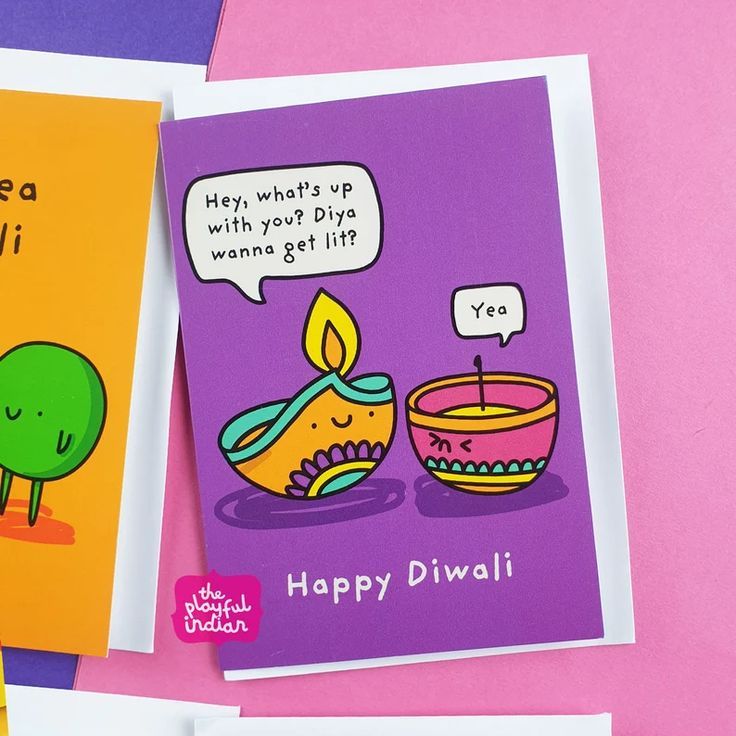 two greeting cards, one with a cartoon birthday cake and the other with a happy diwali message