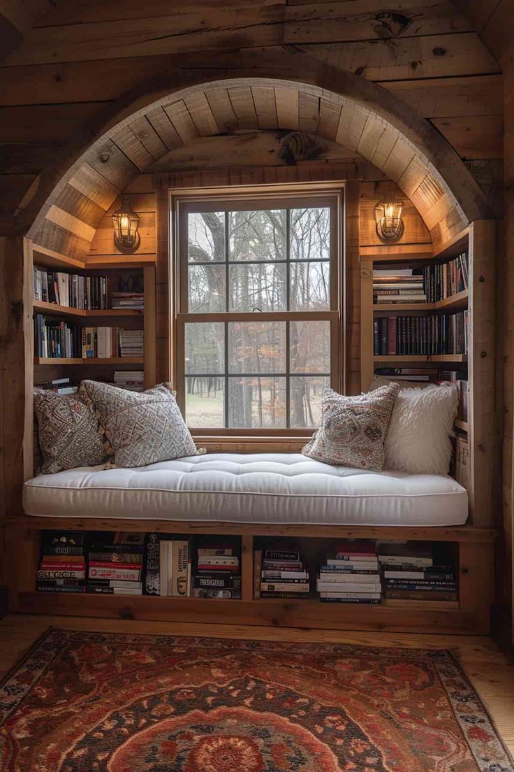 a window seat in the corner of a room with bookshelves and pillows on it