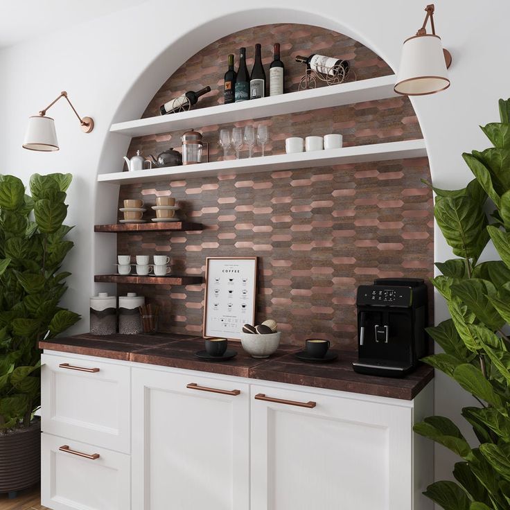 a kitchen with white cabinets and shelves filled with cups, coffee mugs and other items