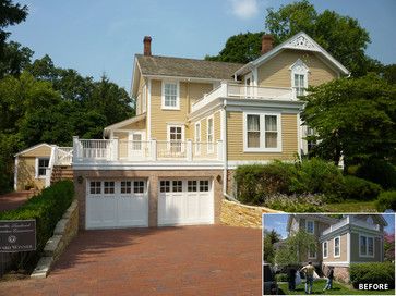 two story house with large front porch and white garage doors on the second floor, before and after renovation