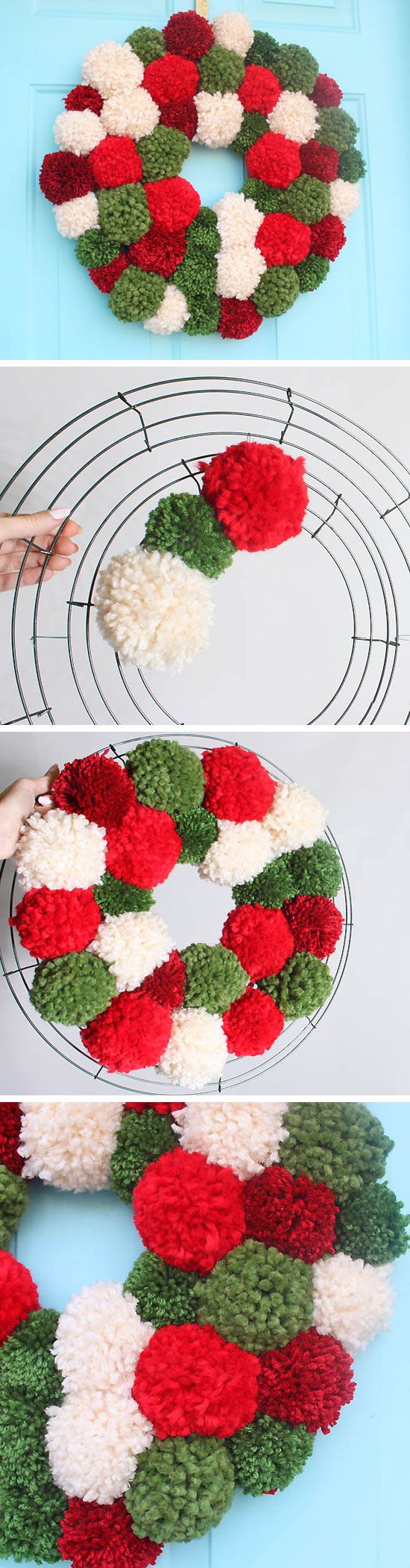 the steps to make a christmas wreath out of yarn and pom - poms