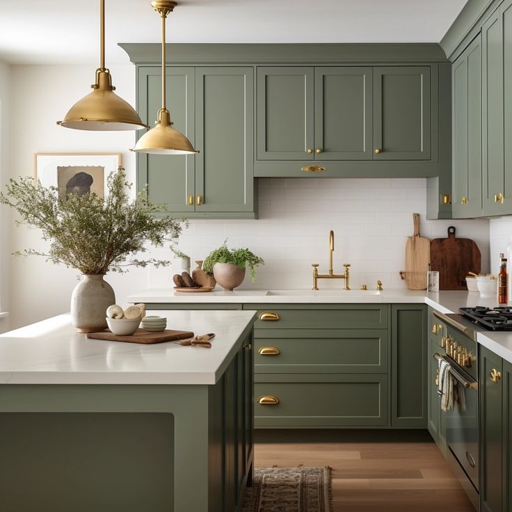 a kitchen with green cabinets and white counter tops, gold pendant lights over the stove