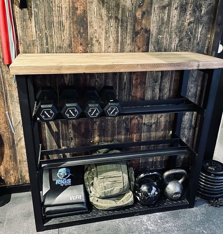 a wooden shelf with some sports equipment on it