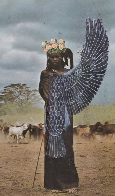 a woman with an elaborate headdress stands in front of cattle on a dirt field