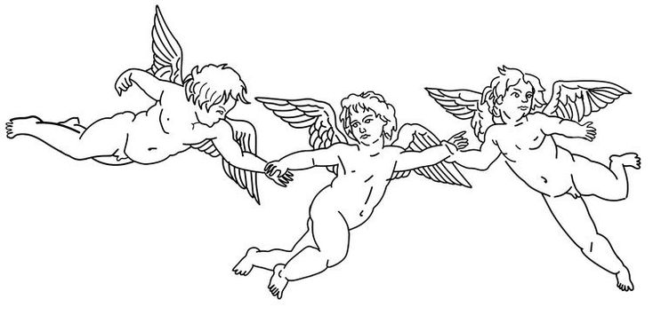 three cherubs flying in the sky with their wings spread out, and one is holding